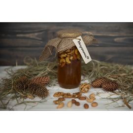 Мед натуральный пчелиный разнотравье и подсолнечник с орехами &quot;Семейная бочка;)&quot; 500 мл., фото 1