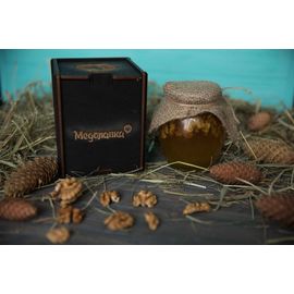 Мёд пчелиный натуральный разнотравье и подсолнечник с грецким орехом в подарочной коробке.400 мл., фото 1