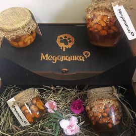 Медовый подарочный набор. Мед с кешью + мед с ореховым ассорти. Мед пчелиный разнотравье и подсолнечник, фото 1