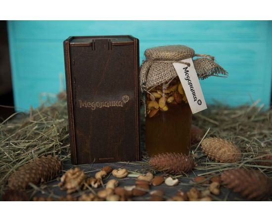 Мед бджолиний натуральний різнотрав&#039;я і соняшник з горіхами (Сімейна бочка) 500 мл. в подарунковій коробочці. Медолапка, фото 1