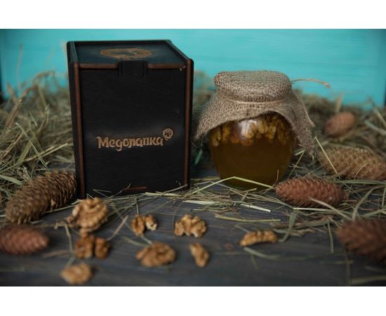 Мёд пчелиный натуральный разнотравье и подсолнечник с грецким орехом в подарочной коробке.400 мл. Медолапка, фото 1