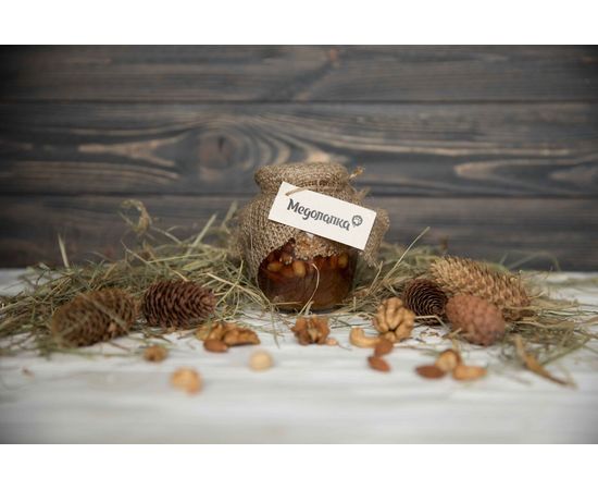 Мед натуральный пчелиный разнотравье и подсолнечник с орешками (ассорти) 400 мл. Медолапка, фото 1