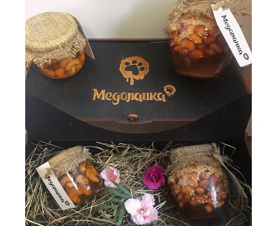 Медовый подарочный набор. Мед с кешью + мед с ореховым ассорти. Мед пчелиный разнотравье и подсолнечник Медолапка, фото 1