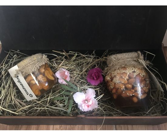 Медовый подарочный набор. Мед с кешью + мед с ореховым ассорти. Мед пчелиный разнотравье и подсолнечник Медолапка, фото 2